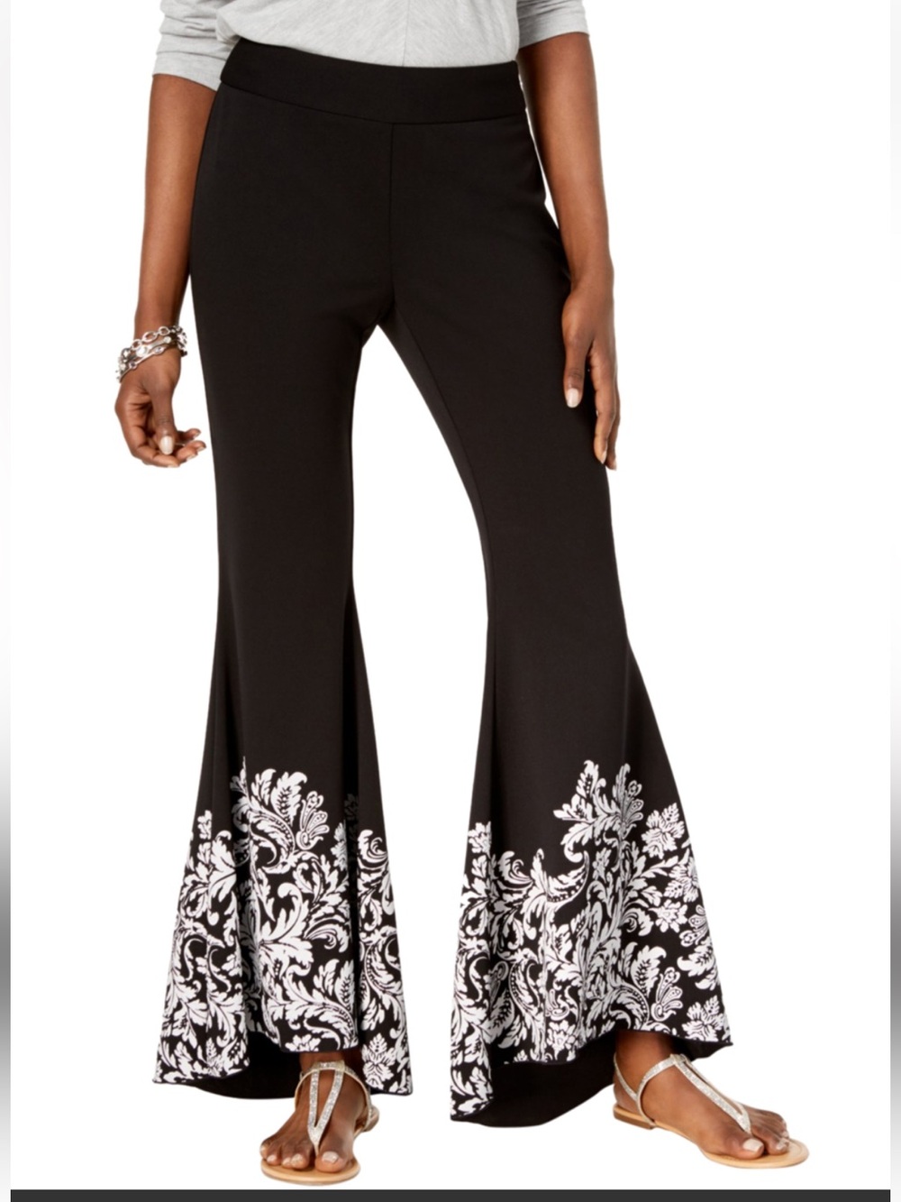 INC International Concepts Black Wide-Leg Pants with Flared White Floral Border